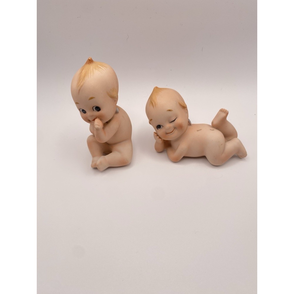 Pair Vintage Lefton Bisque Kewpie Doll Piano Babies Blue Angel Wings c.1950's